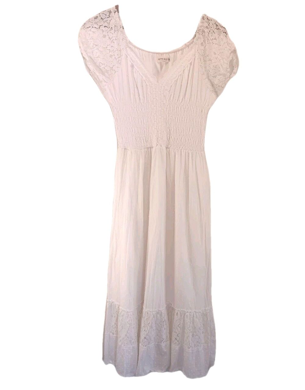Anna-Kaci White Boho Lace Maxi Dress Smocked Waist Renaissance Peasant Size M
